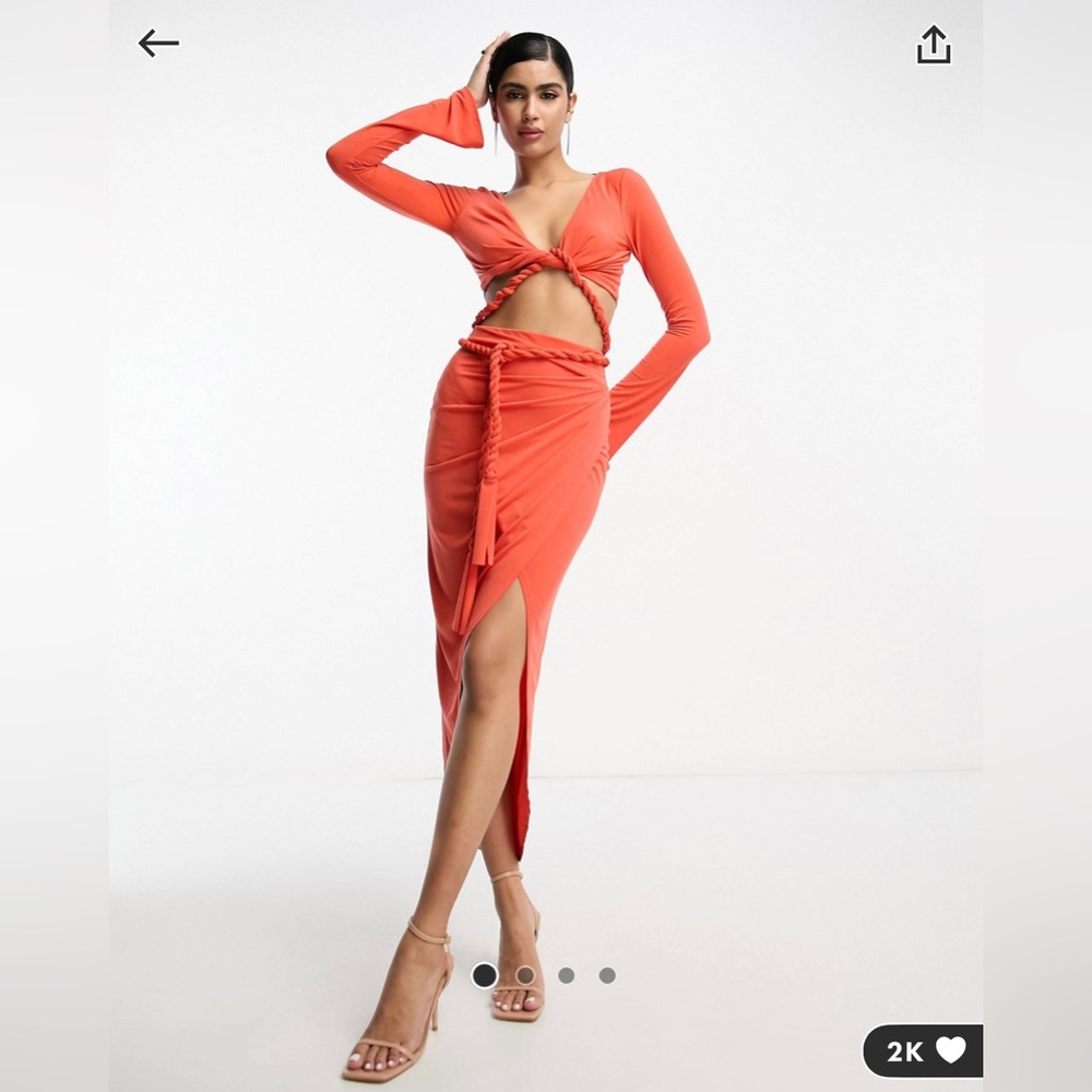 ASOS long sleeve two pieced rope detail midi dress in burnt orange
